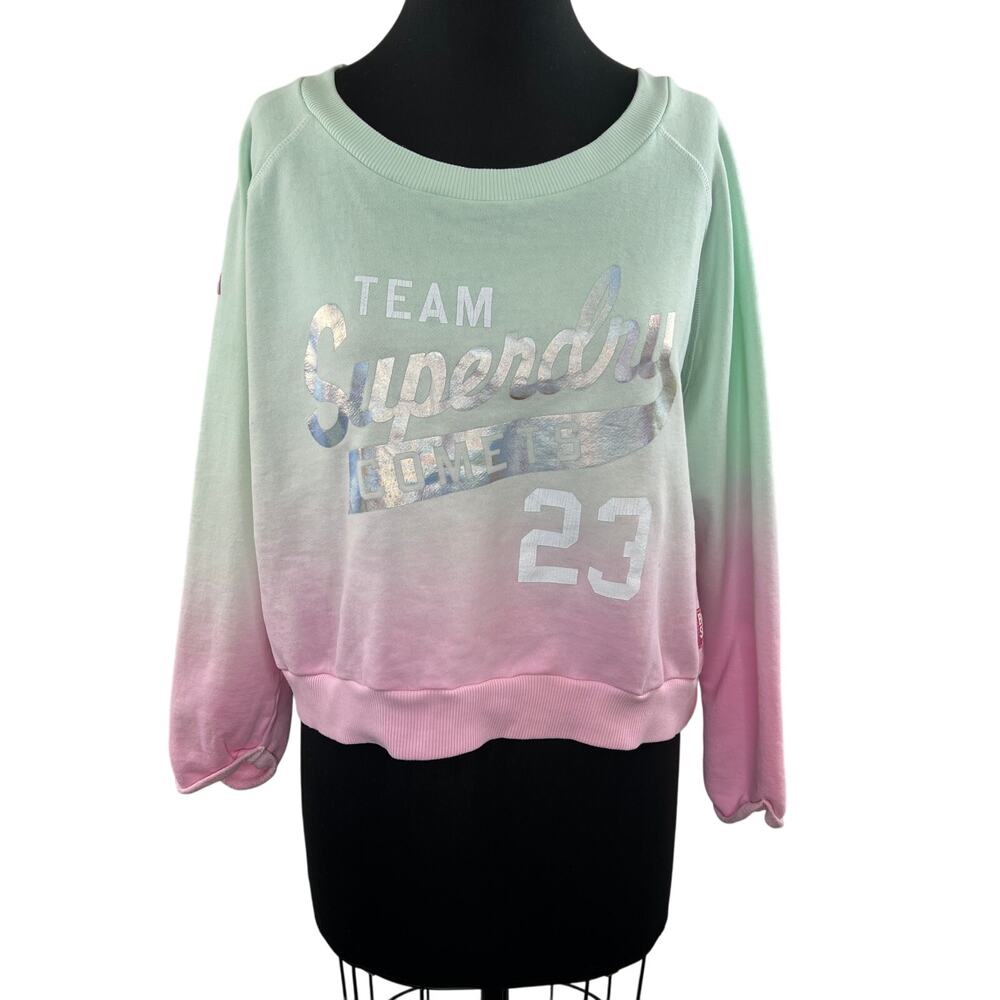 Superdry Green Pink Ombre Hologram Long Sleeve Round Neck Cropped Sweatshirt S